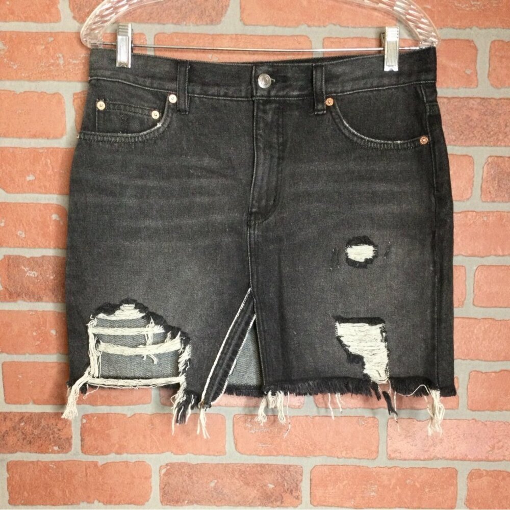 We The Free People Womens Black Denim Mini Skirt Distressed Raw Hem Size 27